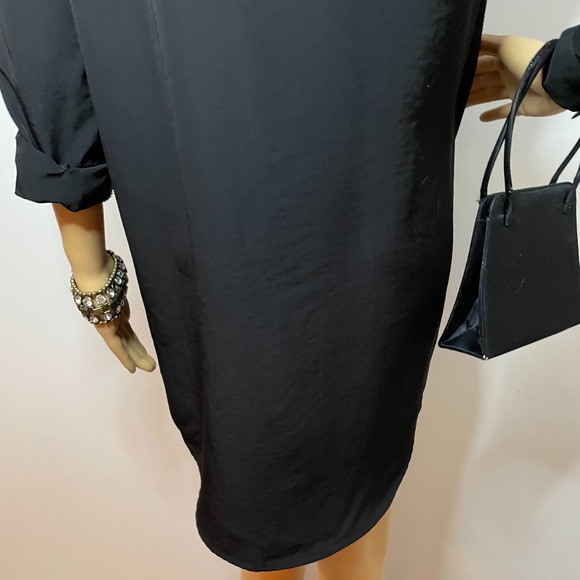 Black sheen lightweight button down long sleeve dress w/ bow tie in the front! - Picture 12 of 14